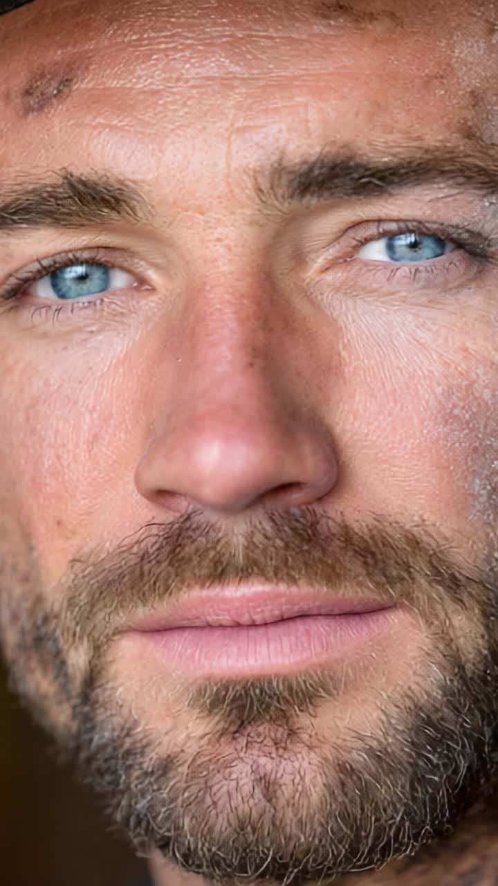Close-Up Portrait of a Man with Striking Blue Eyes and a Thoughtful Expression, Highlighting His Distinct Features and Textured Skin