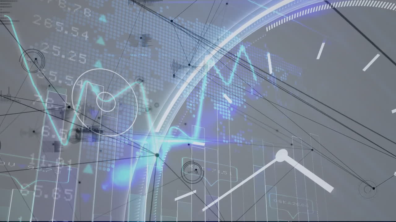 Animation of futuristic digital interface with data graphs and global connections
