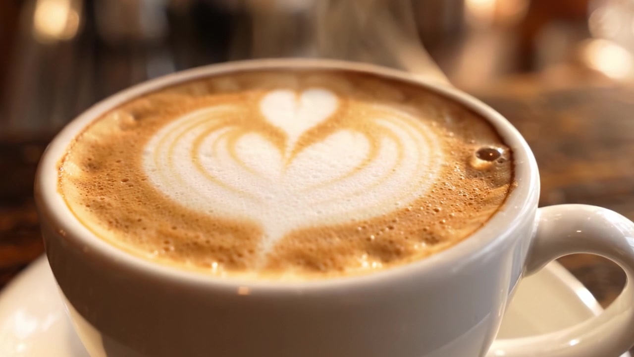 Una presentazione delicata e artistica di latte art in una tazza di caffè cremoso, che mostra disegni a forma di cuore sulla superficie, catturata in due fasi.