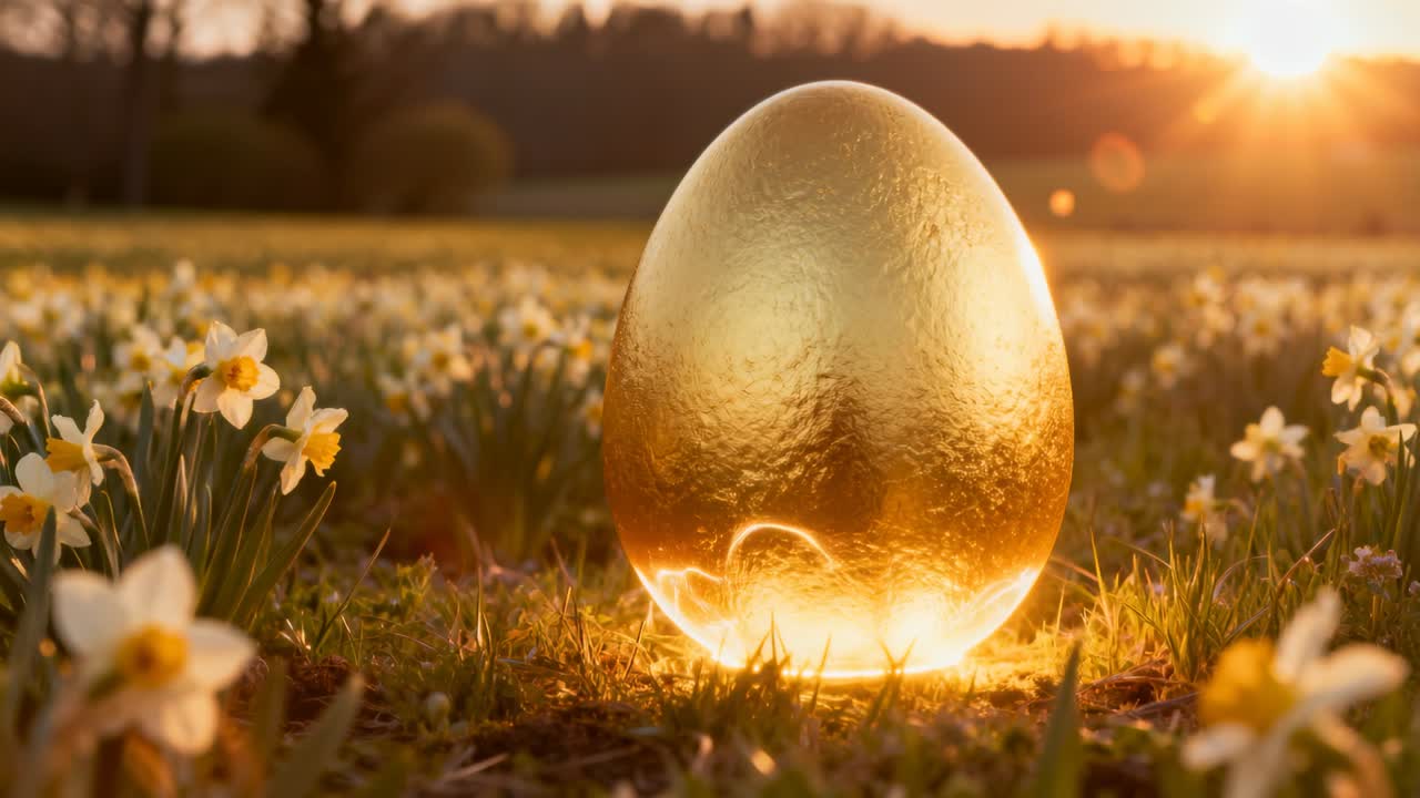 Golden egg sitting among daffodils, base brightening, emitting filaments and signaling tech shift