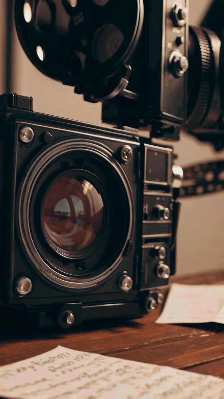 Primo piano di videocamere d'epoca su un tavolo di legno, con un tono caldo e nostalgico