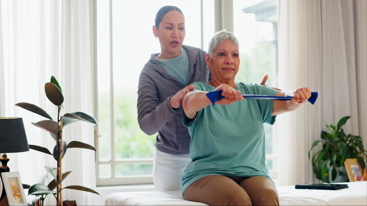 Physiotherapist, band or mature woman stretching
