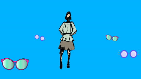 animación de iconos de gafas y modelo sobre fondo azul