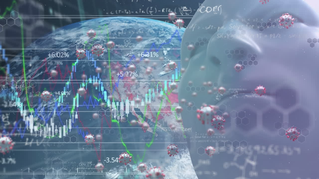 바이러스 세포의 애니메이션, 인간 얼굴 모델, 그래프 및 지구