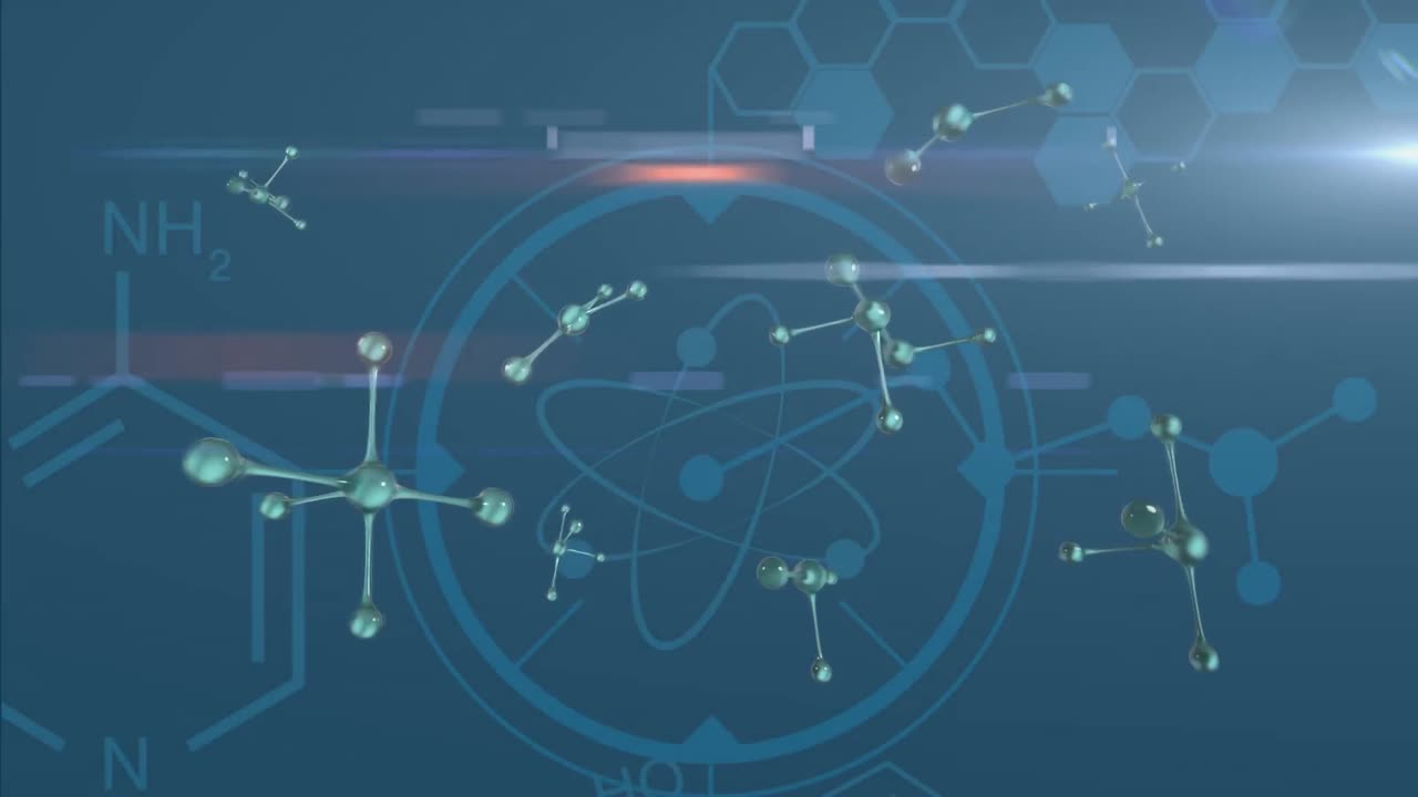 분자 구조와 파란색 배경에 빛나는 점