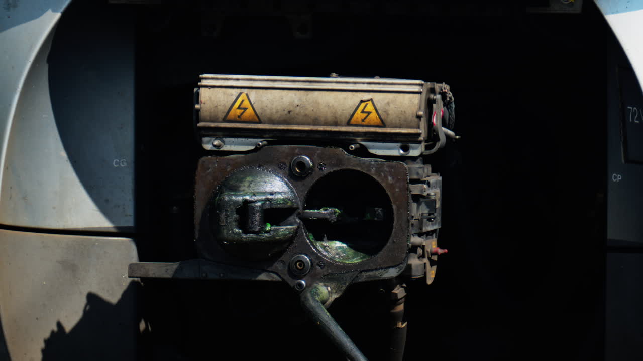Close-up of a heavily used mechanical component covered in grease with two yellow triangular warning signs