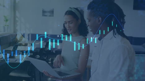 in office, people discussing work with financial data charts animation overlaying
