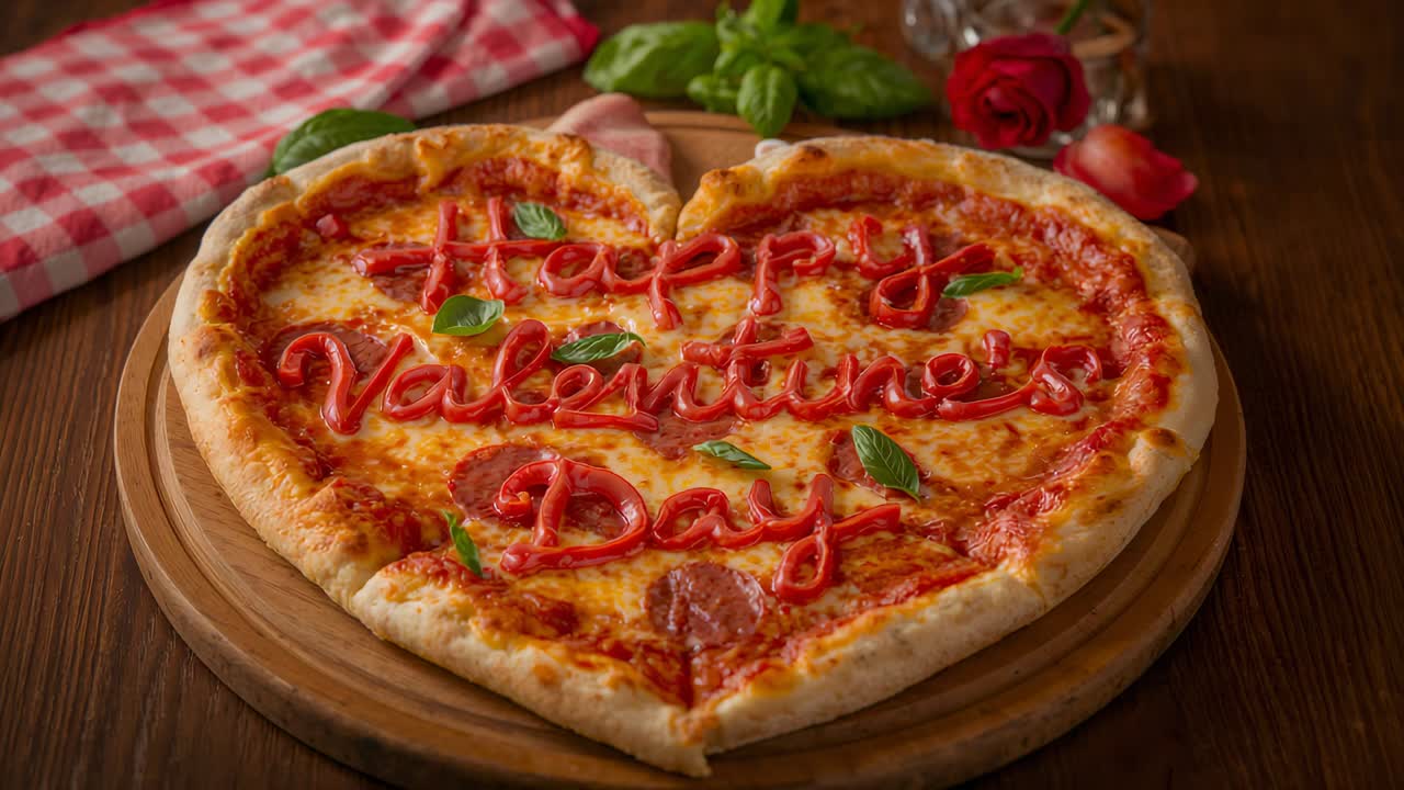 Inquadratura stretta di una pizza a forma di cuore su un piano di legno, con decorazioni a forma di messaggio di San Valentino realizzate con una sac à poche ed evidenziate con basilico