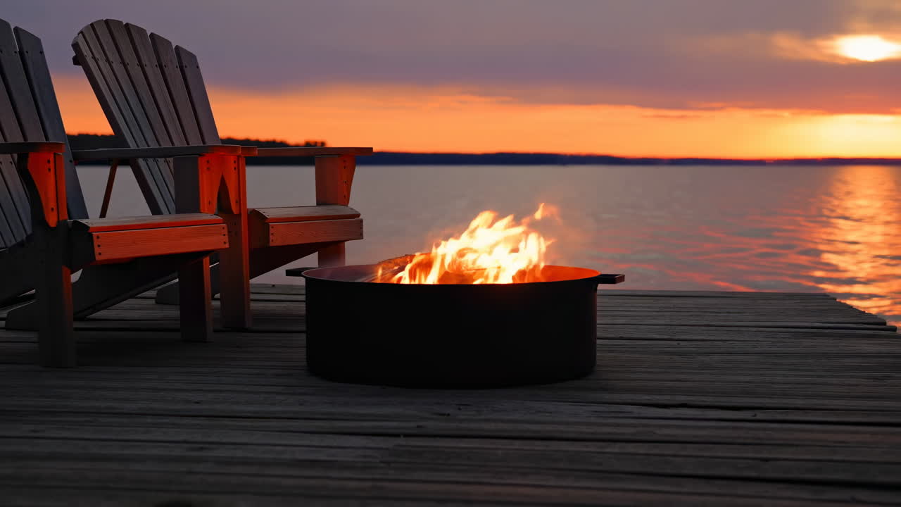 Campfire Burning on a Wooden Dock at Sunset Over a Lake
