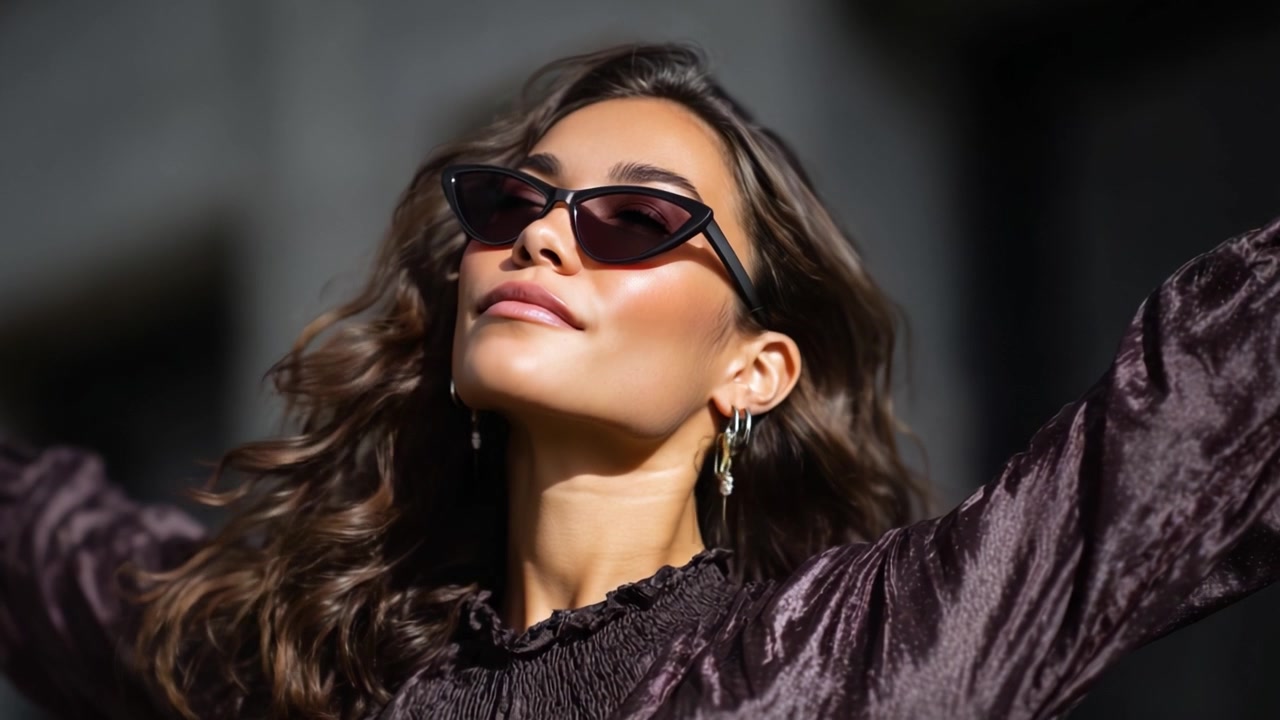 Donna sicura di sé con occhiali da sole alla moda che si gode il sole con le braccia aperte, dimostrando gioia e libertà in un ambiente urbano chic, evidenziando il suo senso della moda