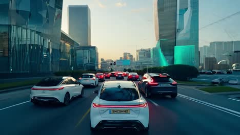 cars driving through a futuristic city at sunset