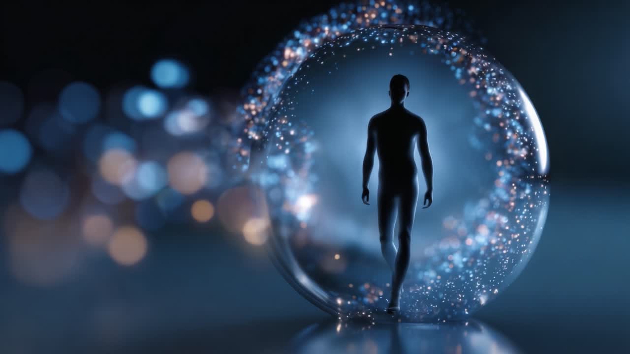 A Silhouetted Figure Emerges from a Luminous Sphere, Representing the Journey from Darkness to Light in a Captivating and Ethereal Environment
