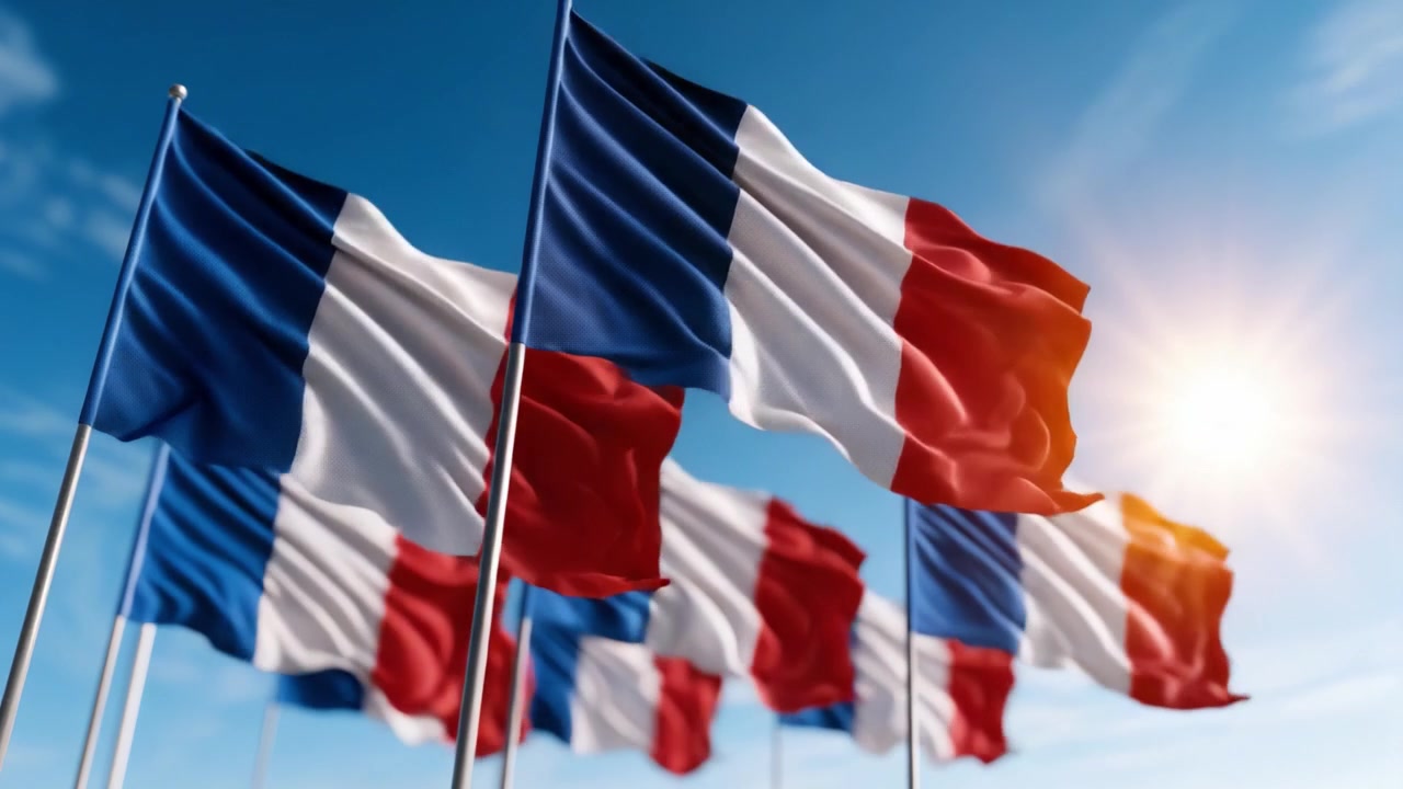 En samling franske flag, der vajer yndefuldt i brisen under en klar solrig himmel, og symboliserer enhed og national stolthed i et farverigt skue.