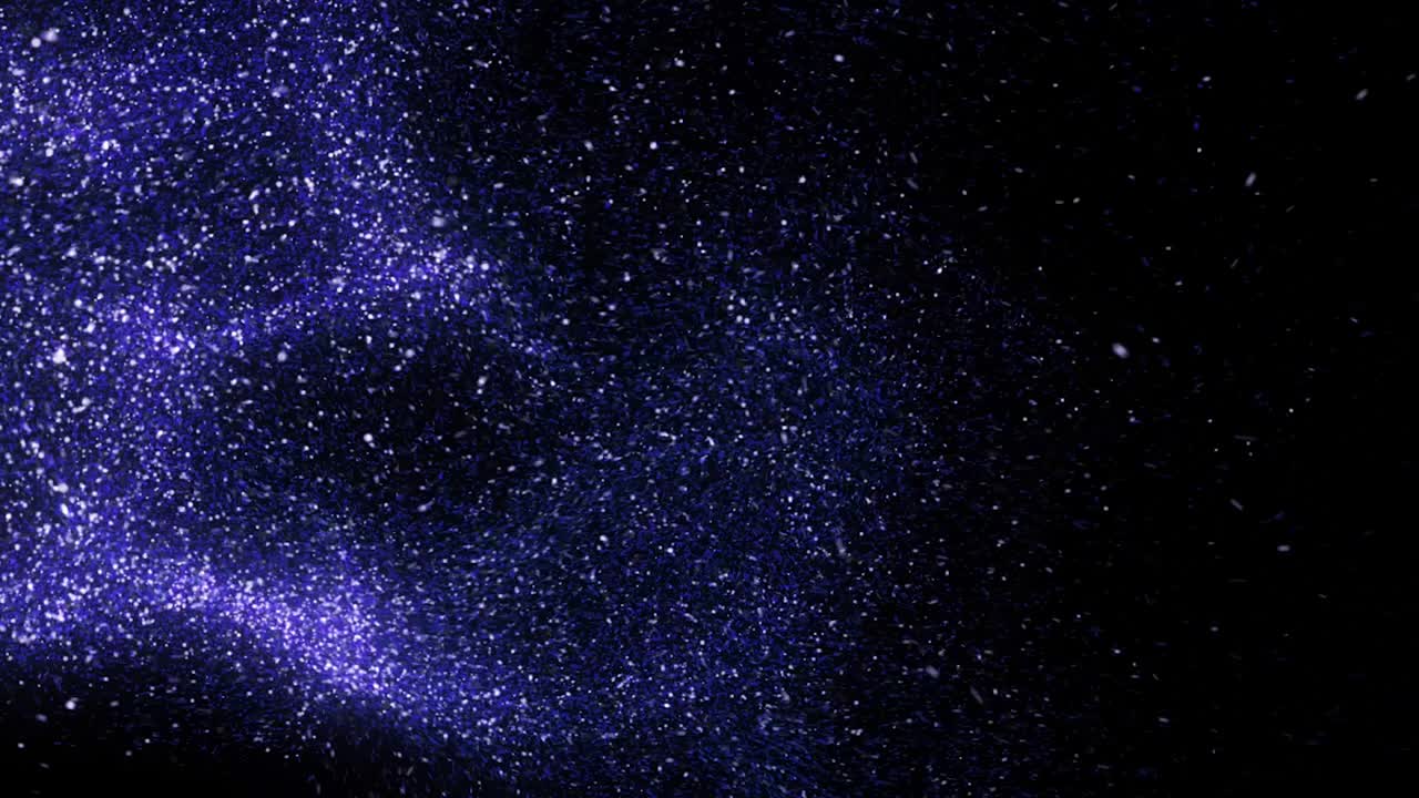 Abstract flight of purple particles on dark background. Animation. Amazing space dust, bright moving comet and its colorful trace