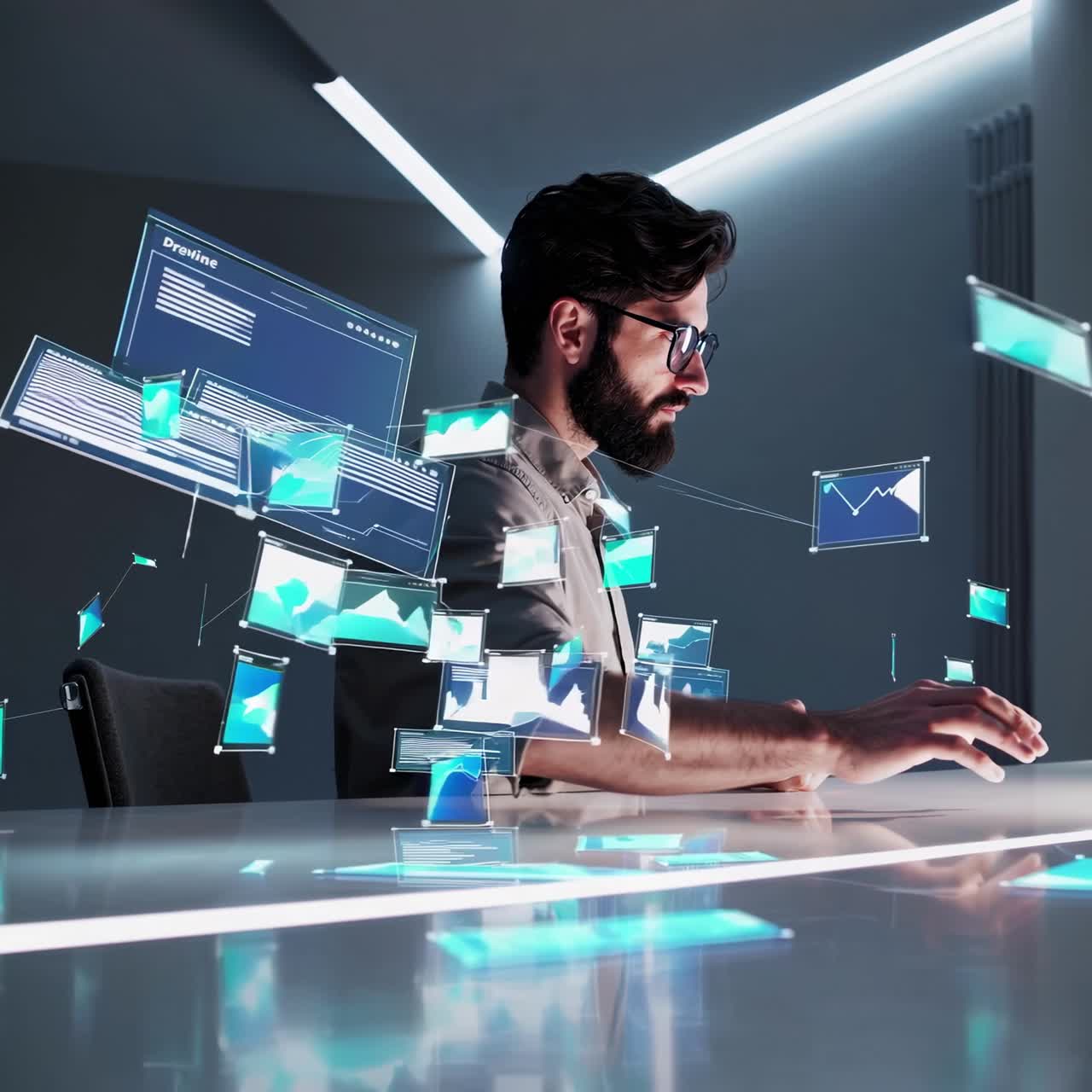 Futuristic video concept with a side angle view of a man interacting with floating digital screens