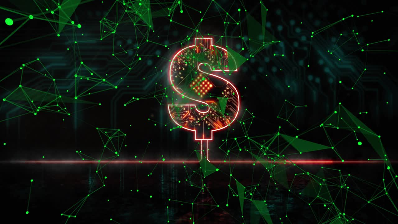Com nós verdes e arestas se unindo, um cifrão neon emergindo e circuitos pulsando, ilustrando o fluxo de dados.