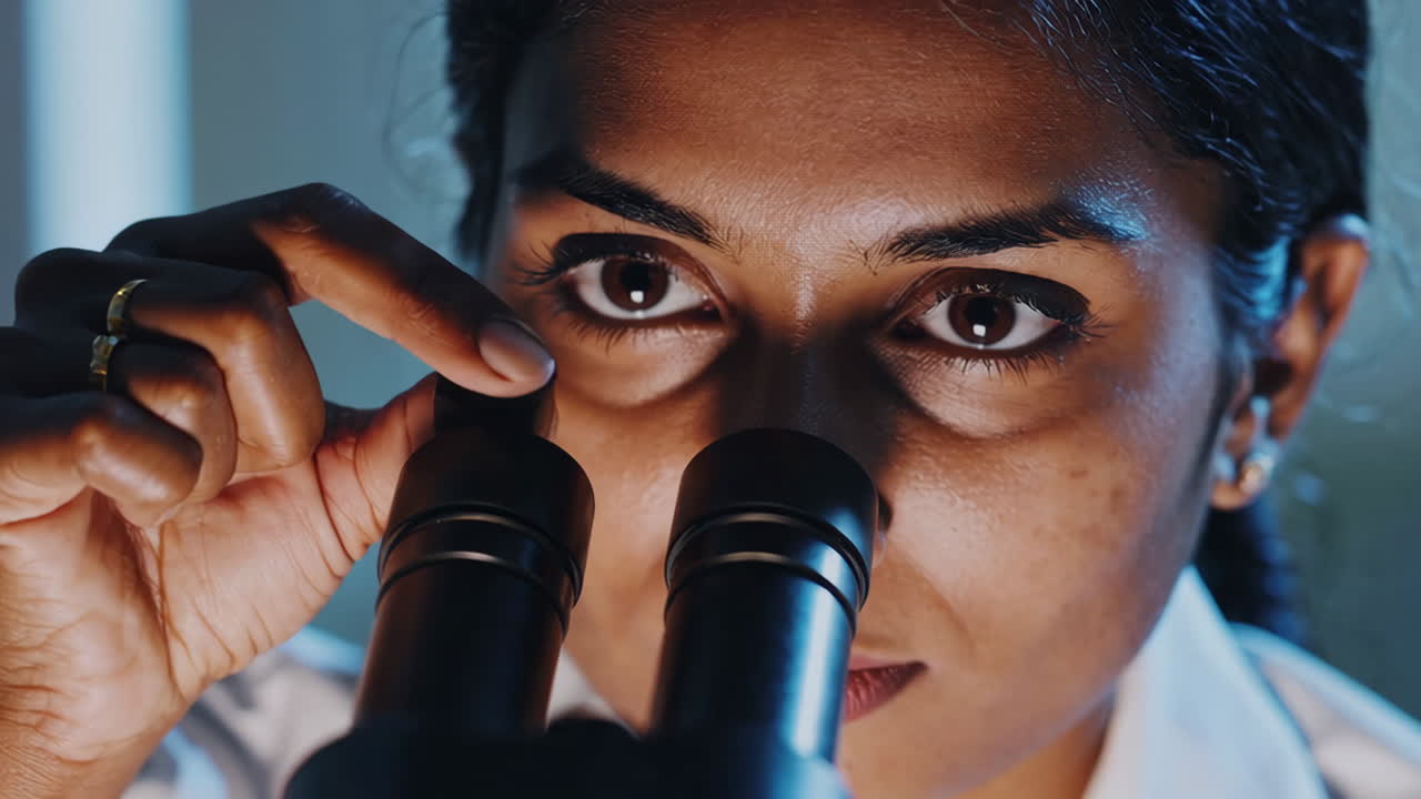 Close-up of a woman scientist looking through a microscope