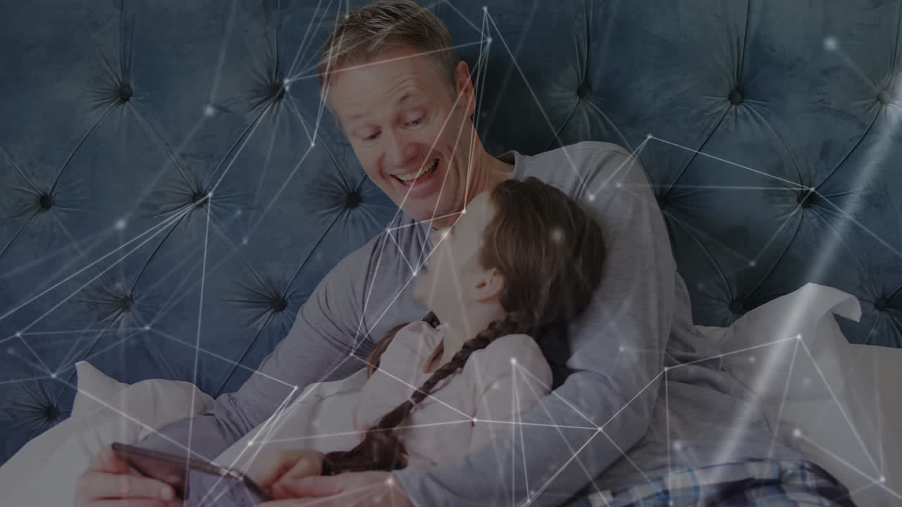 디지털 태블릿을 사용하여 남자와 딸에 대한 연결 네트워크