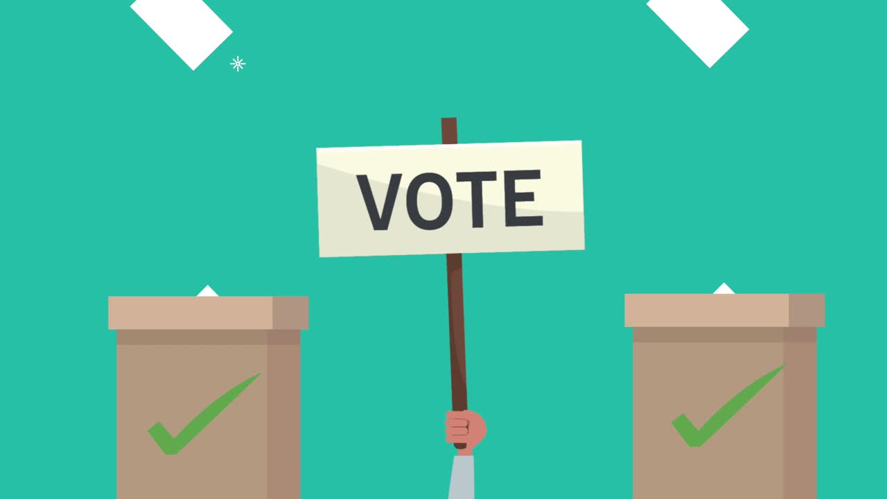 투표 상자와 손을 들어 올리는 배너를 가진 선거 날