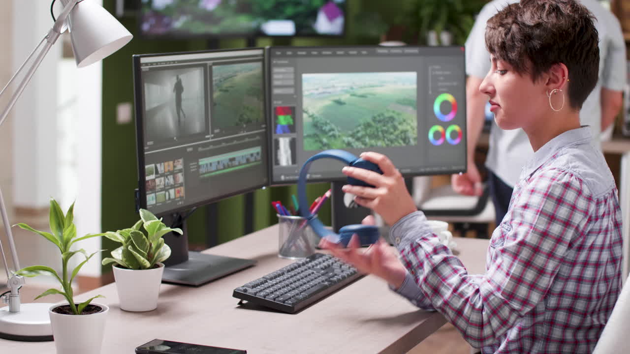 Two people collaborating on video editing and color correction in a creative office setting
