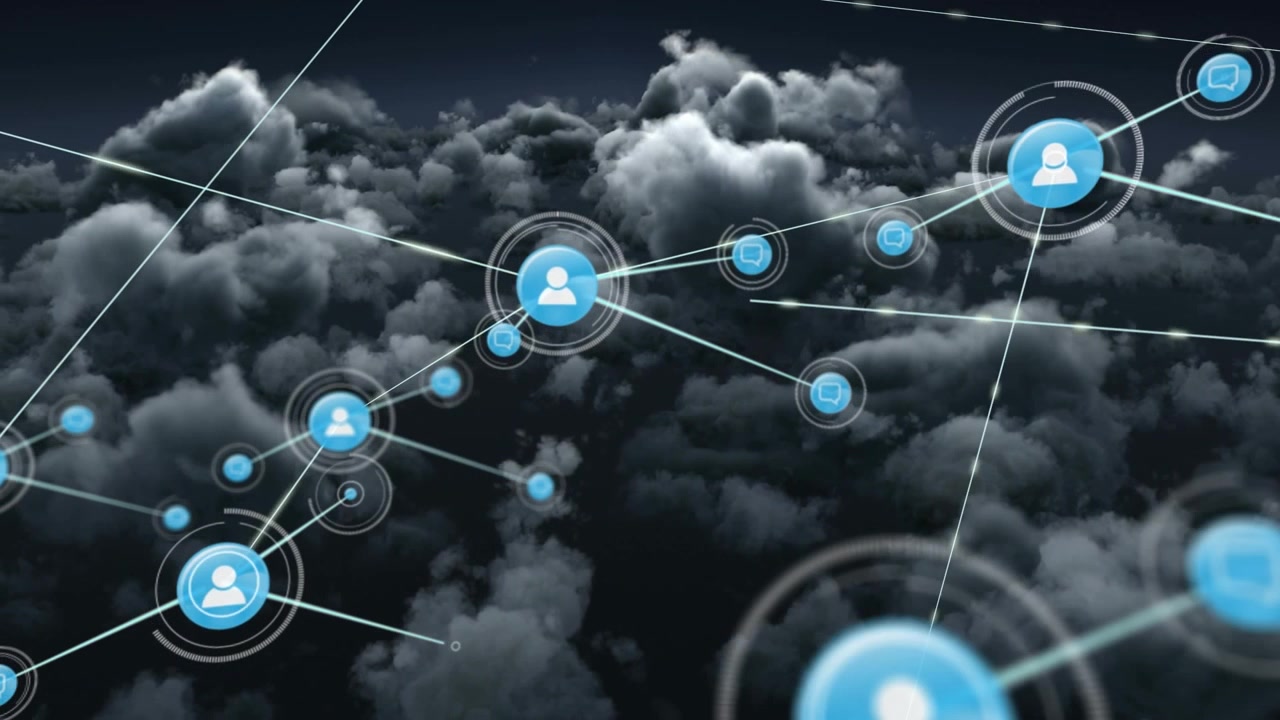Animation of network of people icons exchanging data over grey cloudy sky