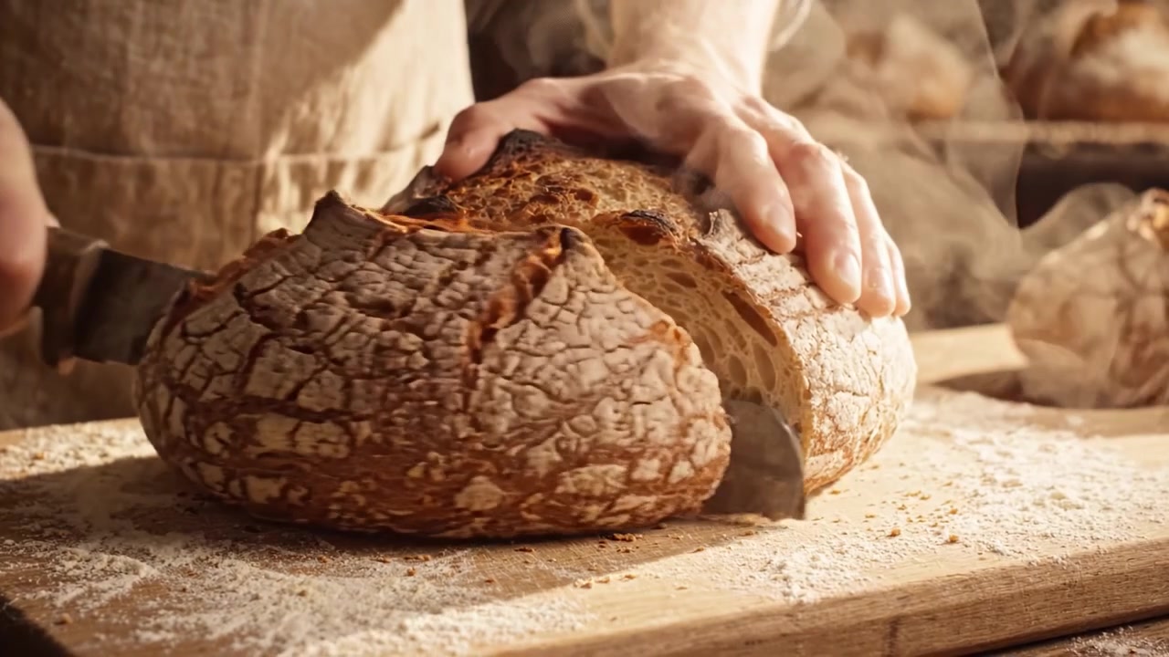 Freshly Baked Artisan Bread with a Crispy Crust and Soft Interior, Capturing the Essence of Traditional Baking Techniques with Steam Rising in the Air.