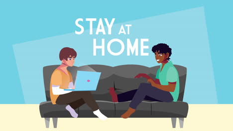 men using laptop work at home campaign animation