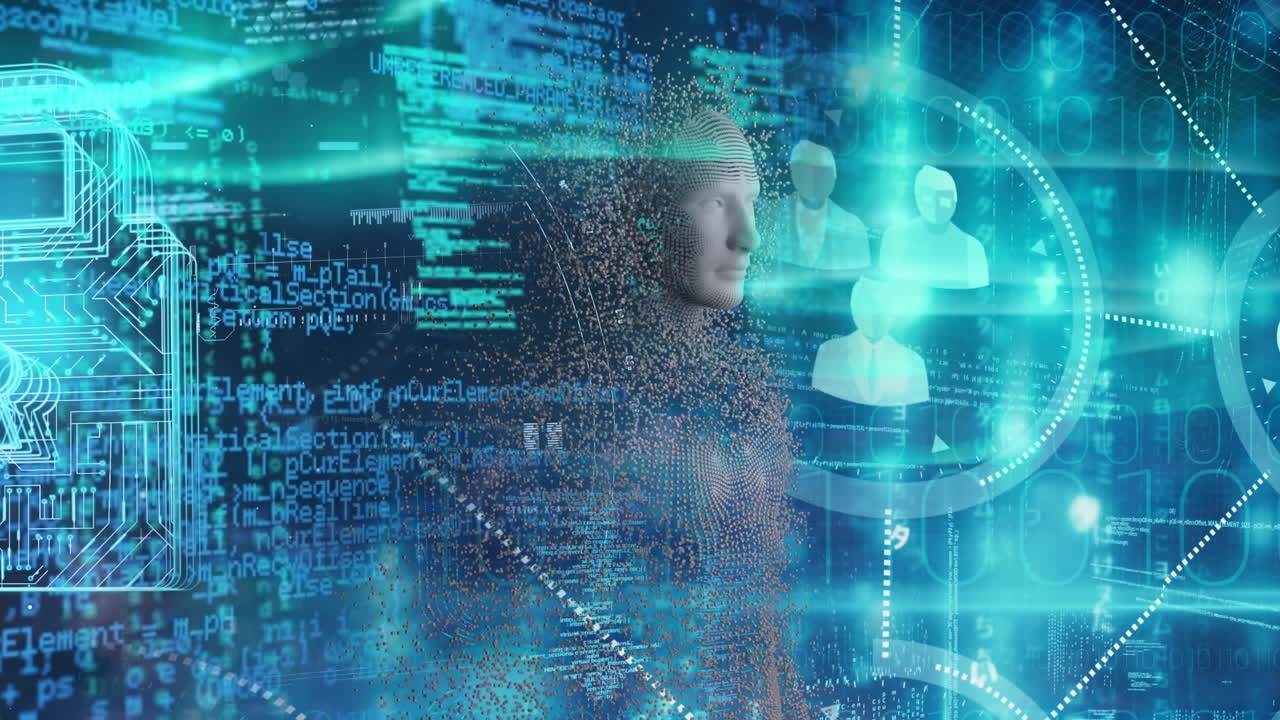 animación de un candado con representación humana, iconos de perfil y lenguaje informático