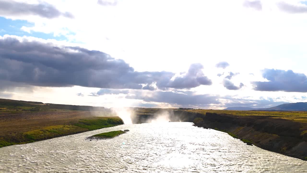 Gullfoss Falls, seen from this aerial perspective, captures essence of Iceland's natural wonder and stands as testament to incredible power of natural world