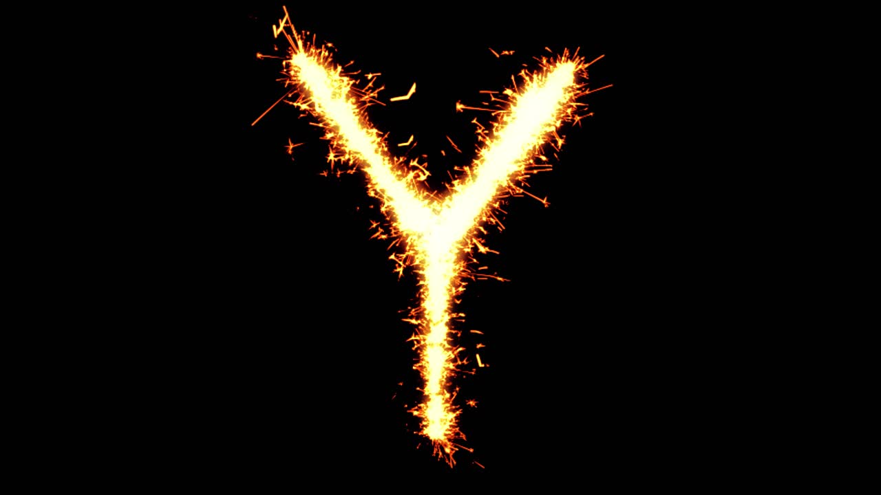 Alphabet y text sparkler writing with glitter sparks particles firework on black 4k loop background