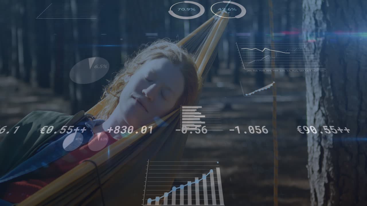 Animation of digital data processing over caucasian woman on a hammock
