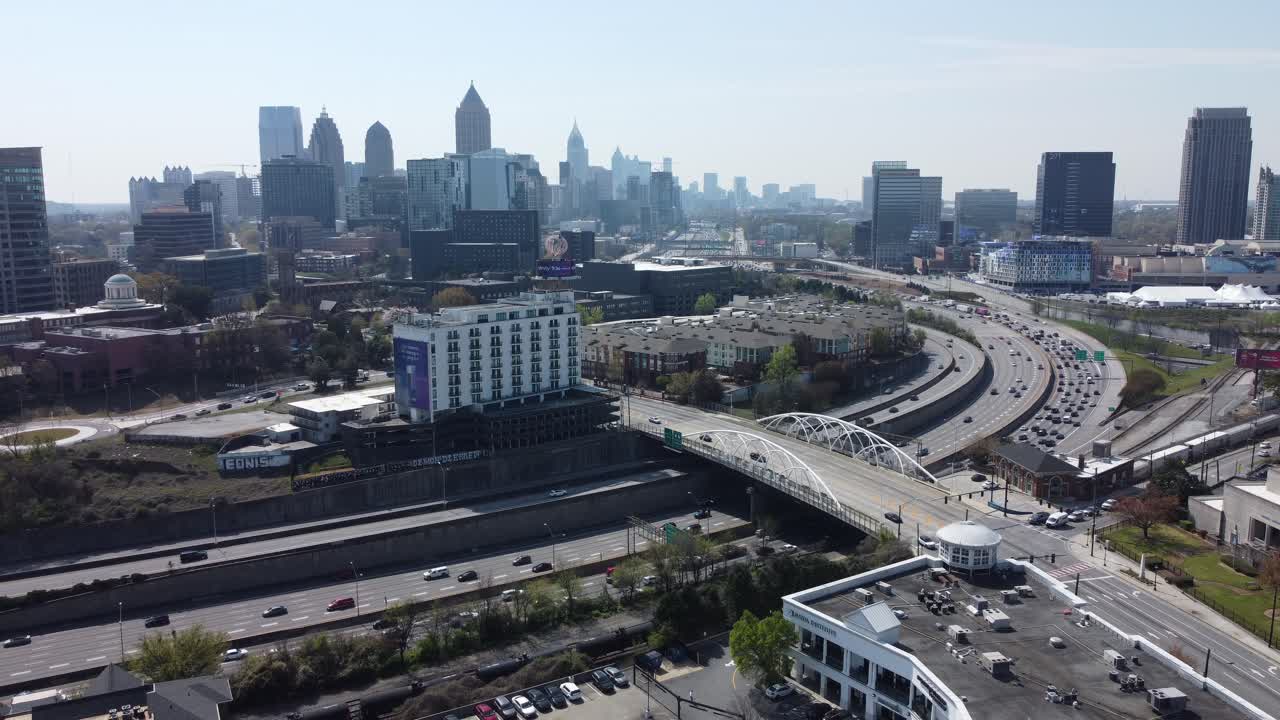 Drone shot of Interstate 75 in Brookwood Hills in Atlanta, Georgia