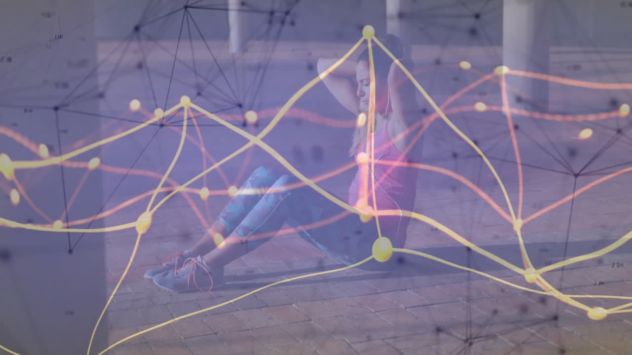 woman doing sit-ups in covered corridor, showcasing health tech data with glowing nodes and lines