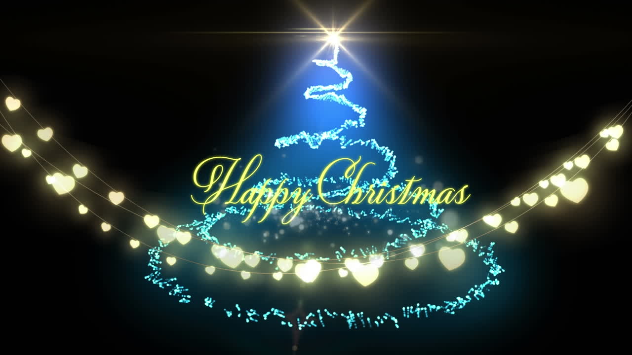 요정 빛과 크리스마스 트리 위에 행복한 크리스마스 텍스트의 애니메이션