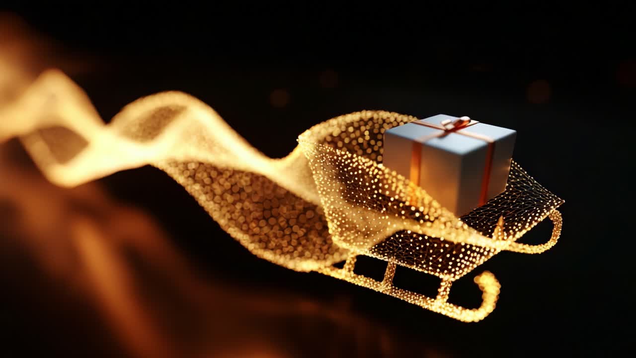 A beautifully illuminated sleigh adorned with a delicate gift box, gliding gracefully through the air, surrounded by mesmerizing golden sparkles, evoking feelings of joy, celebration, and the magic of giving during festive seasons