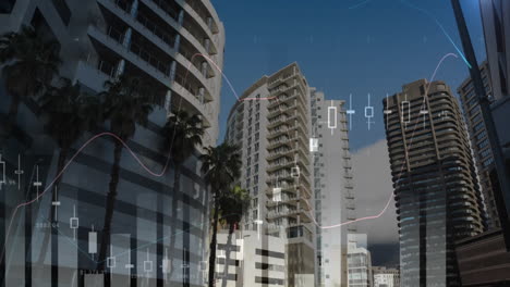 animación del procesamiento de datos estadísticos frente a una vista de ángulo bajo de edificios altos