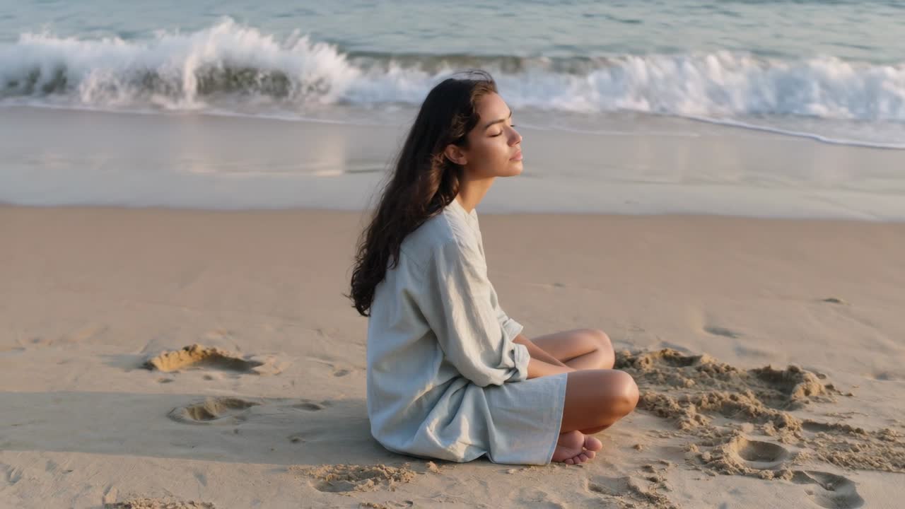 Donna seduta a gambe incrociate di fronte al mare, con un'onda in arrivo che si infrange dietro di lei, in cerca di benessere.