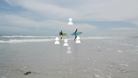 two surfers walking wet shoreline, carrying surfboards and showing animated health chart overlay