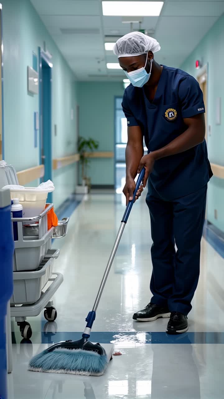 A young man, wearing a medical cleaning uniform, mopping the shiny hospital corridor floor.