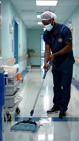 a young man, wearing a medical cleaning uniform, mopping the shiny hospital corridor floor.