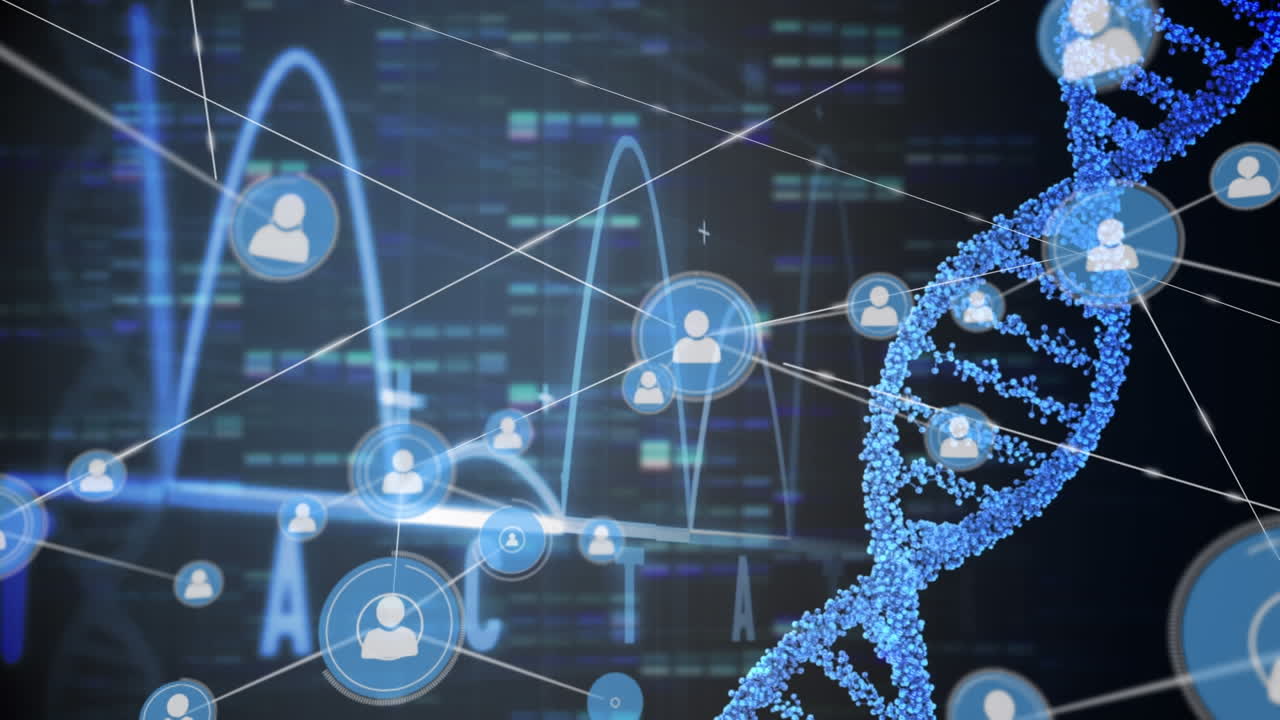 Animation af netværk af profilikoner, pulsmåler og DNA-struktur mod mosaikfelter