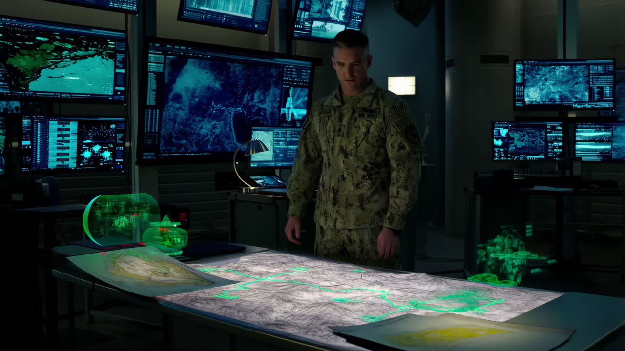 Military Officer Analyzing Maps in a High-Tech Command Center