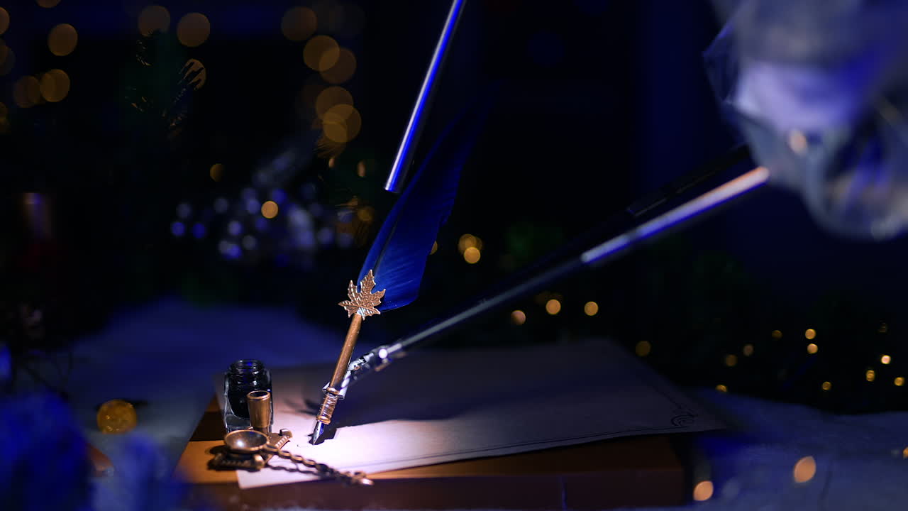 Medical robotic equipment holding a writing pen. Arms of Da Vinci futuristic device operating in the dark room. Blurred backdrop with some lights on.
