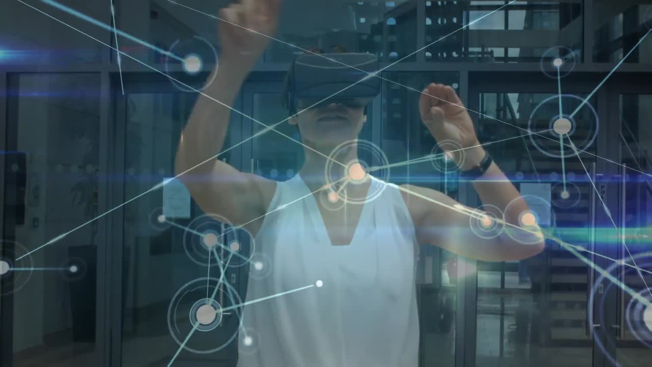 사무실 에서 가상 현실 헤드 ⁇  을 착용 한 여자