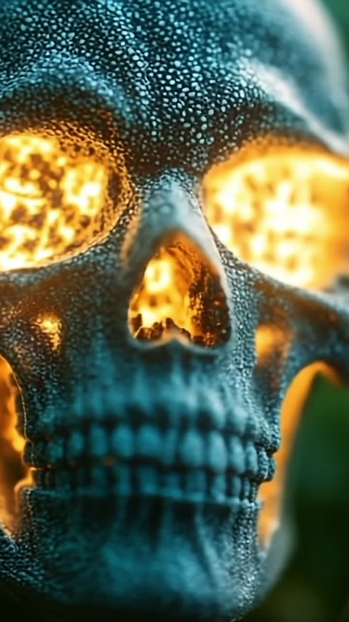 Skull illuminated among green leaves. A glowing skull rests among vibrant green leaves, creating a mystical and eerie atmosphere at dusk.