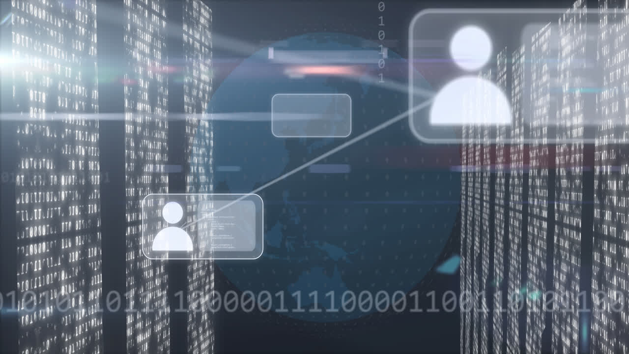 Animation of digital icons, binary coding and data processing