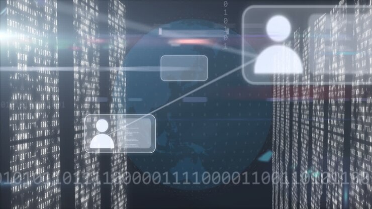 Animation of digital icons, binary coding and data processing
