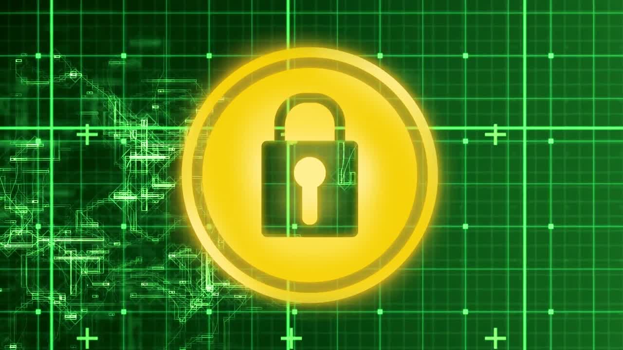 Animation of network of connections and online security padlock over grid