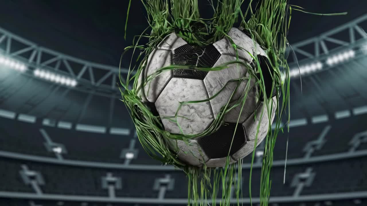 Soccer Ball Covered in Grass in Stadium