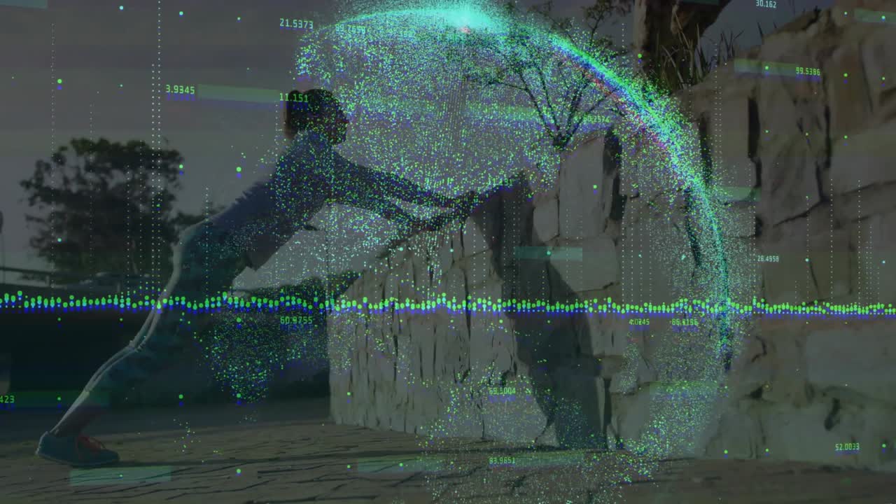 Woman approaching wall planting hands holding lunge for fitness while waveform and globe responding